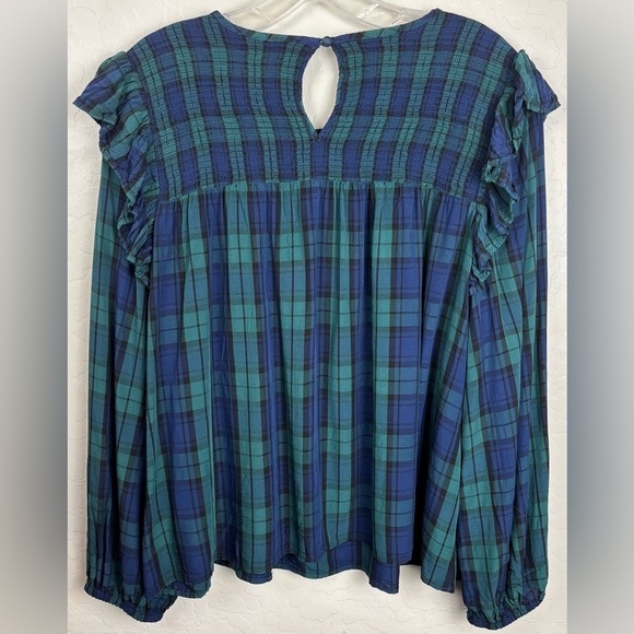 Vineyard Vines Blackwatch Plaid Ruffle Long Sleeve Smocked XL Blue Green 1270 - Picture 2 of 6